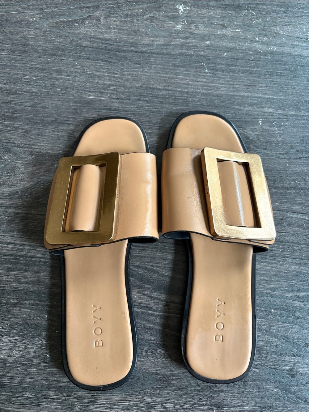 BOYY Beige Leather Slide Sandals with Statement Gold Buckles